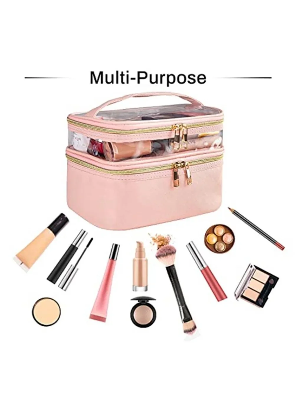 Pink Leather Double Layer Makeup Bag Travel Toiletry Cosmetic Organizer Pouch